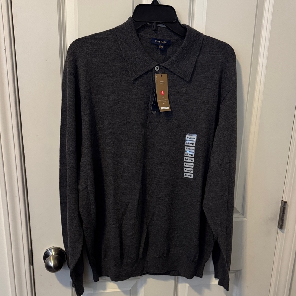 Club Room 100% Merino Wool Dark Charcoal Long Sleeve Polo